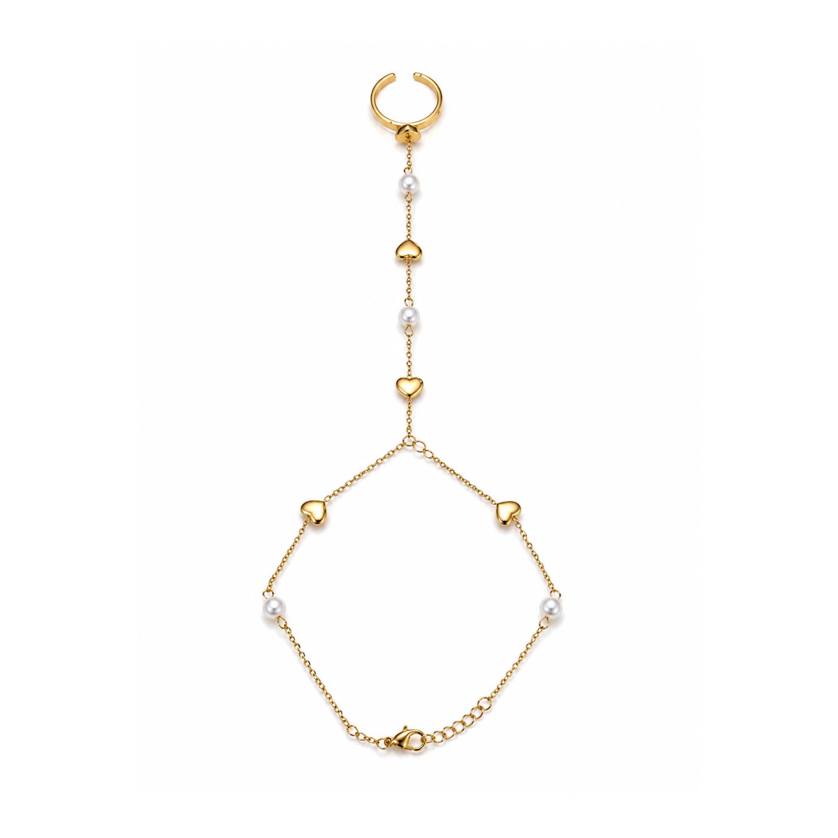 Hand Chain Perles & Cœurs Dorés